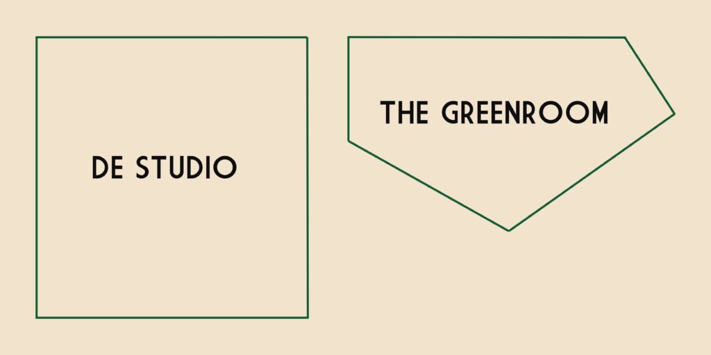 Outlines van onze verhuurruimtes. Een ruimte, de studio, is vierkant en 85m2. De greenroom is een langwerpige ruimte 5-hoekige ruimte.