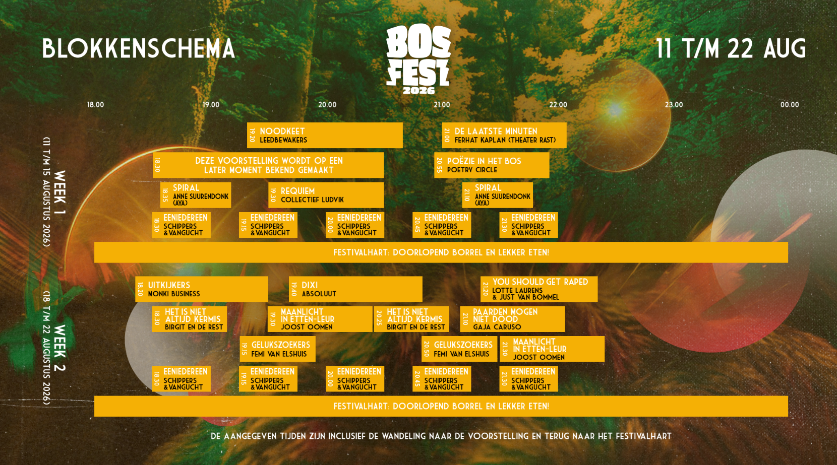 Overzicht van alle voorstellingen tijdens week 1 en week 2 van Bosfest, van 11 t/m 22 augustus 2026